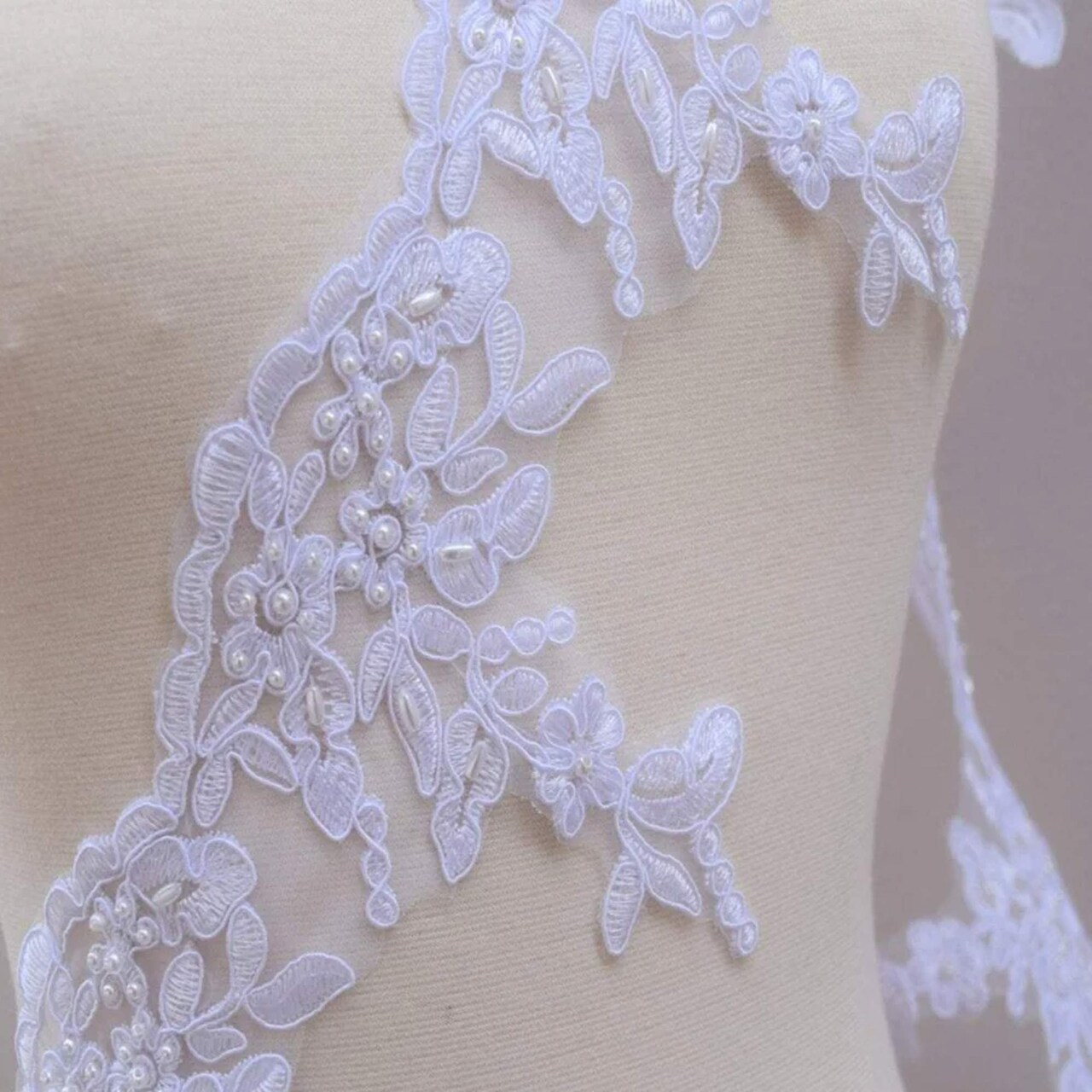 1 Yard 5" White Beaded Bridal Veil Lace Trim with Dangling Leaf Motif for Wedding Veils